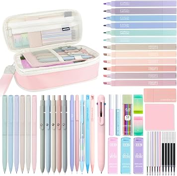 JIZHIYUAN 54PC Aesthetic School Supplies with Pink Pencil Case for Students | 12 Highlighters, 6 Multicolor Gel Pens, 5 Black Gel Pens, 1 Ballpoint Pen, 5 Mechanical Pencils Essentials for College