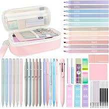 54Pcs Aesthetic School Supplies Set with Large Pastel Pencil Case 12 Dual Tip Highlighters, 6 Gel Pens, 5 Black Pens, 5 Mechanical Pencils 0.5-2.0mm - Perfect Student & College Essentials Gifts
