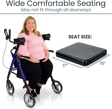 Vive Bariatric Upright Walker with Seat - Heavy Duty Senior Stand Up Rollator, Extra Wide Frame - Padded Armrest & Backrest -Mobility Aid Portable Rolling Walker with Bag - Fits Tall & Large People
