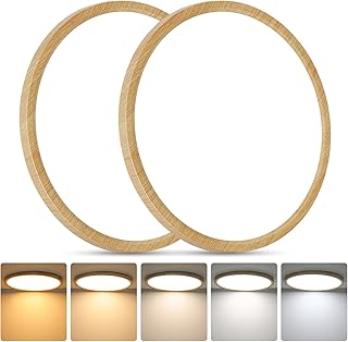 Brightever 2 Pack LED Flush Mount Ceiling Light Fixture, 12 Inch 24W, Super Slim 0.67 Inch 3200LM LED Ceiling Lights Wooden Color, Dimmable & 2700K-6500K 5 Color in One Ceiling Lamp for Office