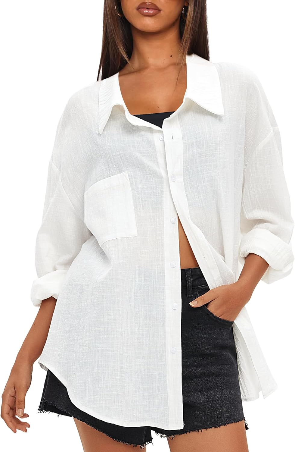 Darong Women's Button Down Long Sleeve Shirts Cotton Blend Casual Oversized Boyfriend Loose Fit Blouse Top