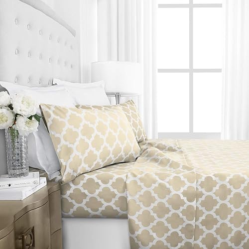 Sábanas de cama y funda de almohada impresa Egyptian Luxury 1800 Hotel Collection, patrón cuadrifolio, fundas grandes, resistente a arrugas y al