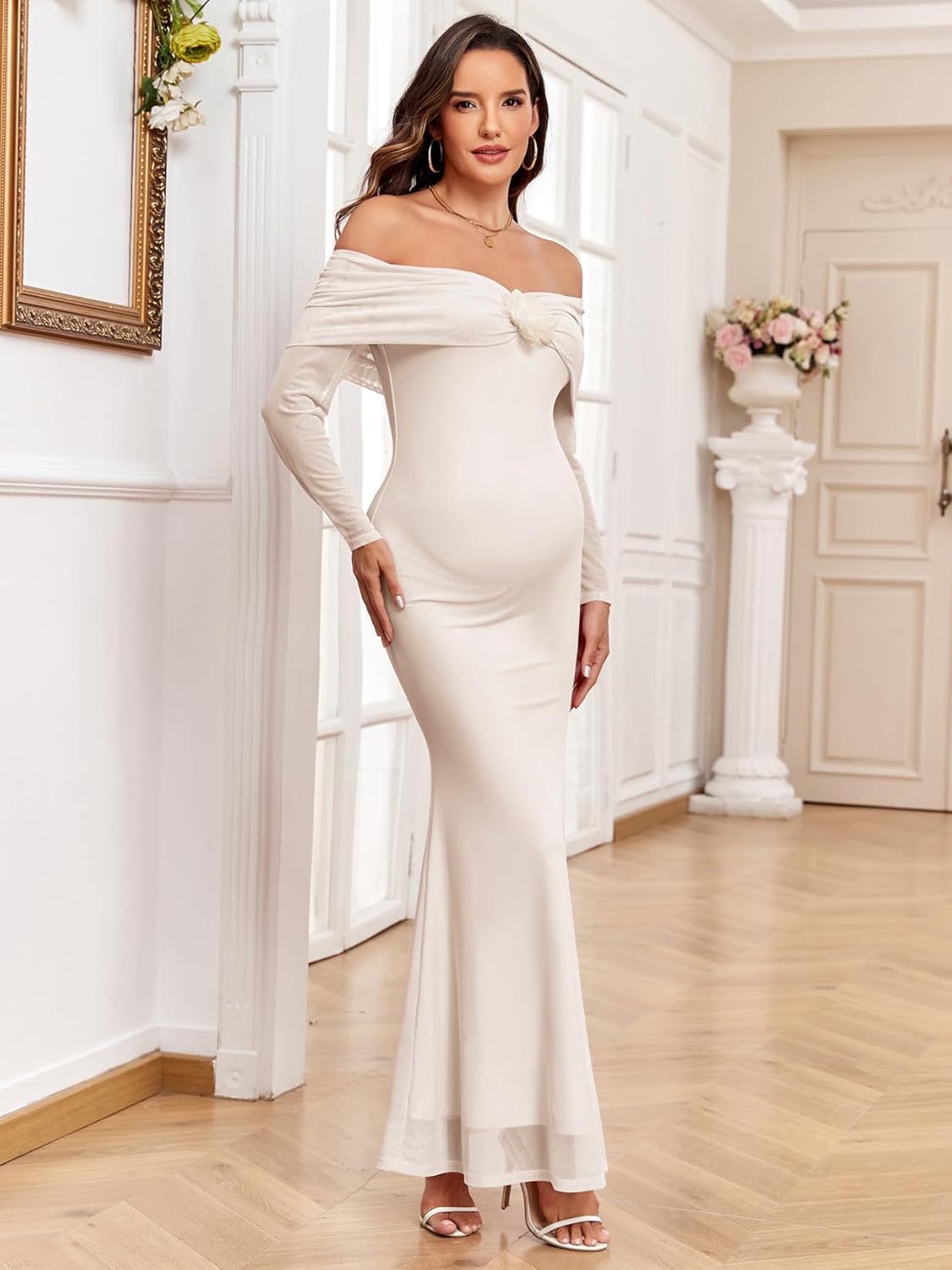 Maternity Off The Shoulder Mermaid Maxi Dress Mesh Bodycon Pregnancy Dresses Baby Shower Photoshoot with Floral - Image 4