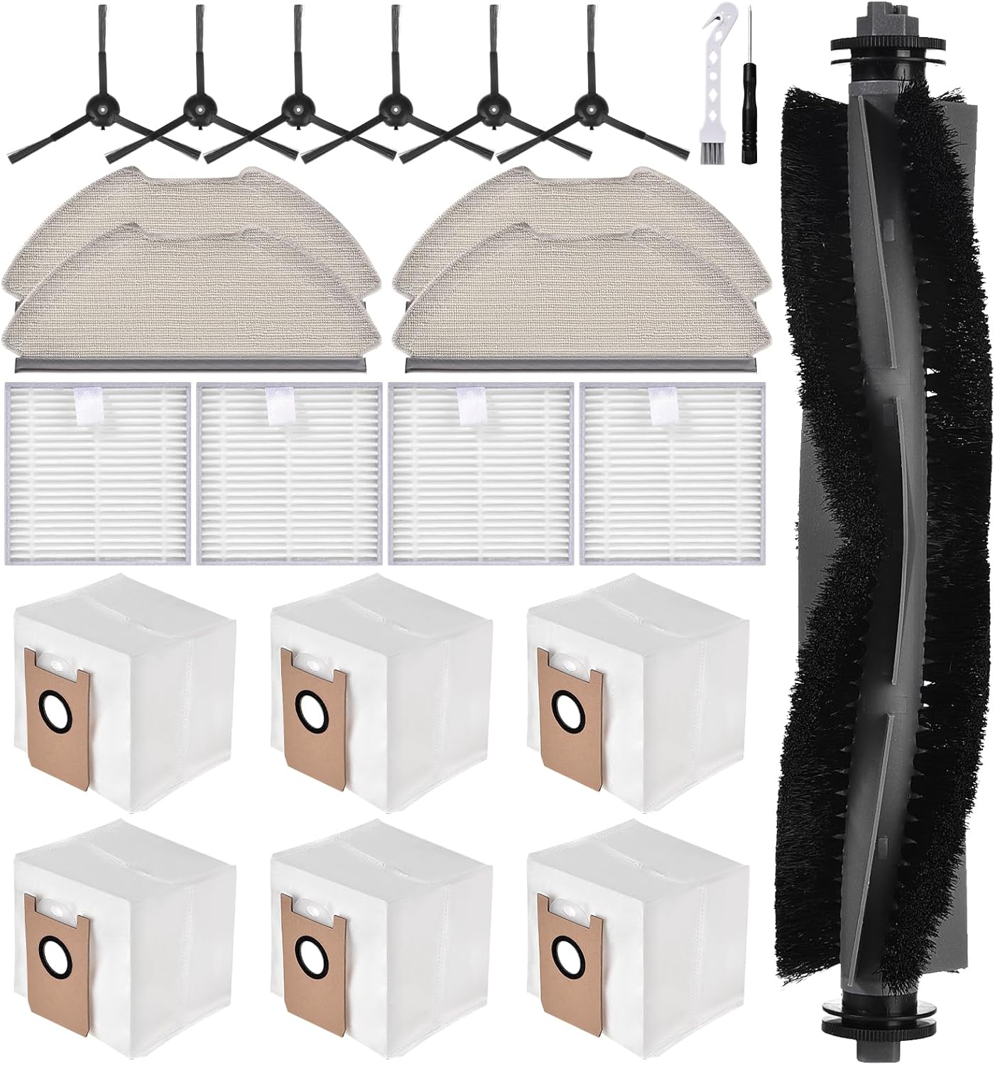 23 Pack T20+ Accessories Compatible with Airrobo T20+ Robot Vacuum, Replacement Parts Include 1 Roller Brush, 4 Washable Filters, 4 Mop Pads, 6 Dust Bags, 6 Side Brush, 2 Tools