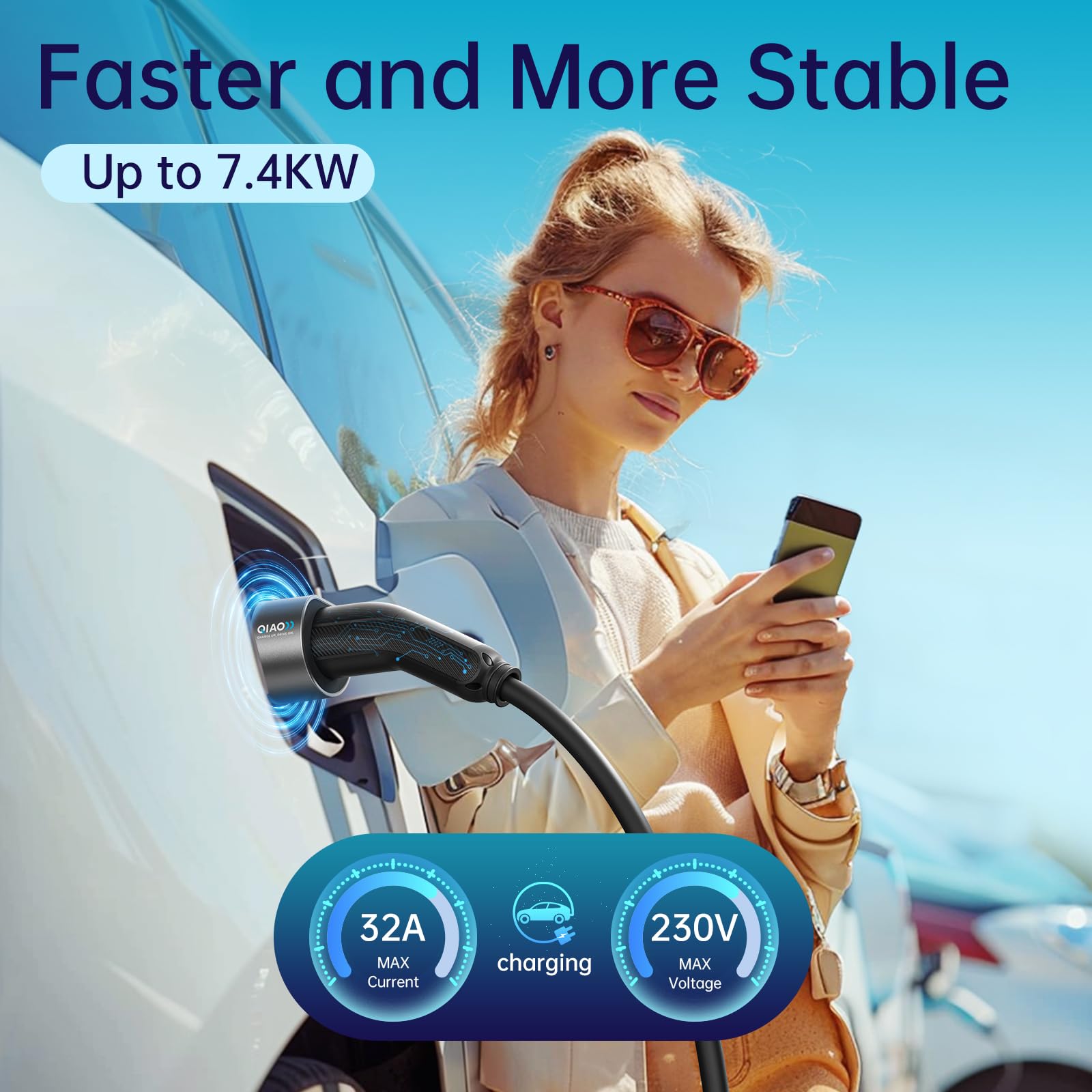 QIAO)) Type 2 EV Charging Cable, 7.4kW 5M 32A Single Phase, Electric Vehicle Type 2 to Type 2 IEC 62196 EV Charger Cable, EVs/Plug-in Hybrid Fast Car Charging Cable with Carry Bag — view 4