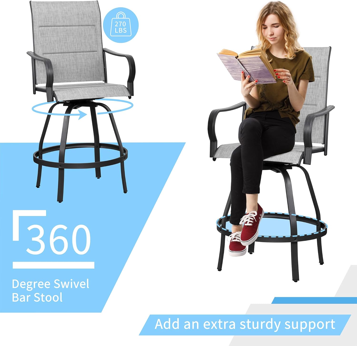 Shintenchi 3 Piece Patio Swivel Bar Stools Set, Outdoor Patio Bar Table and Chairs Set, All Weather Bar Height Chairs Set of 2, High Top Bistro Set Furniture for Balcony, Backyard, Padded Light Grey
