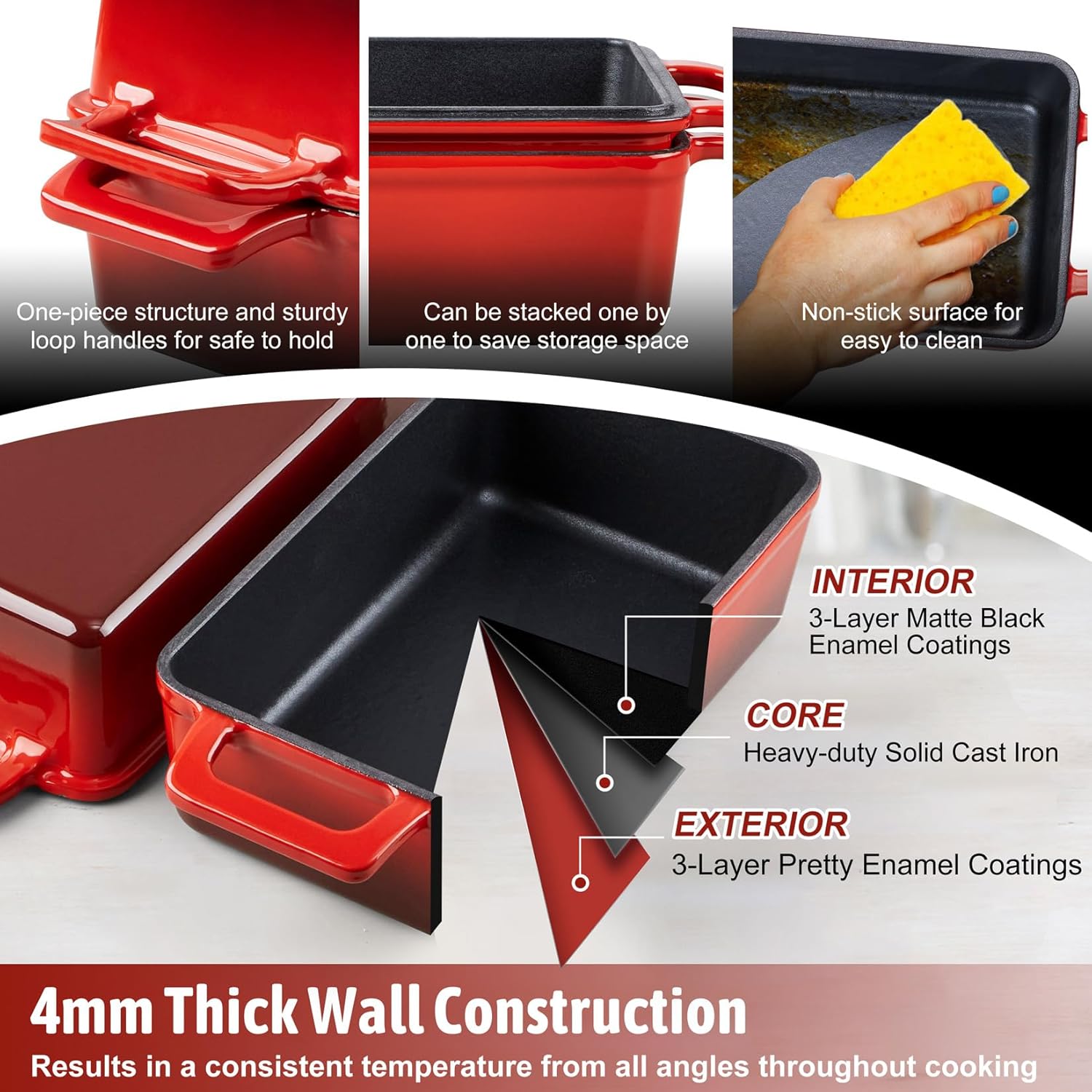 P&P CHEF 2-In-1 9 x 5 Inch Cast Iron Loaf Pan with Lid (Red), Bread Loaf Pans for Baking Homemade Sourdough Bread, Meatloaf, Toast, Cake, Nonstick & Healthy & Sturdy, 2 Piece Set - Image 4