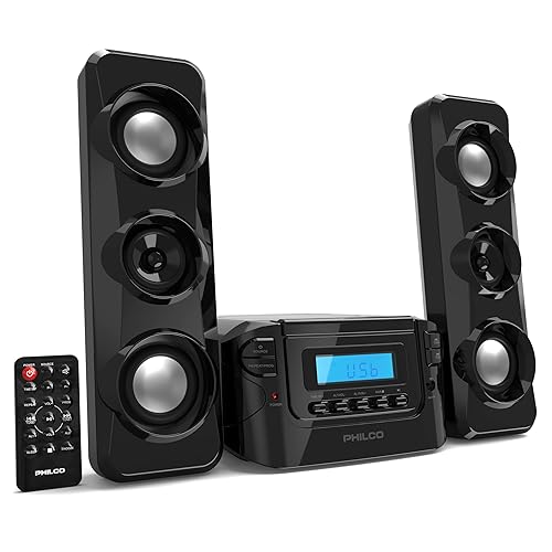 Sistema compacto de estantería para CD Philco Stereo Shelf Systems con radio estéreo FM digital, tecnología inalámbrica Bluetooth y control remoto en negro | Pantalla LCD | Compatible con puertos MP3 y AUX | Reproducción USB