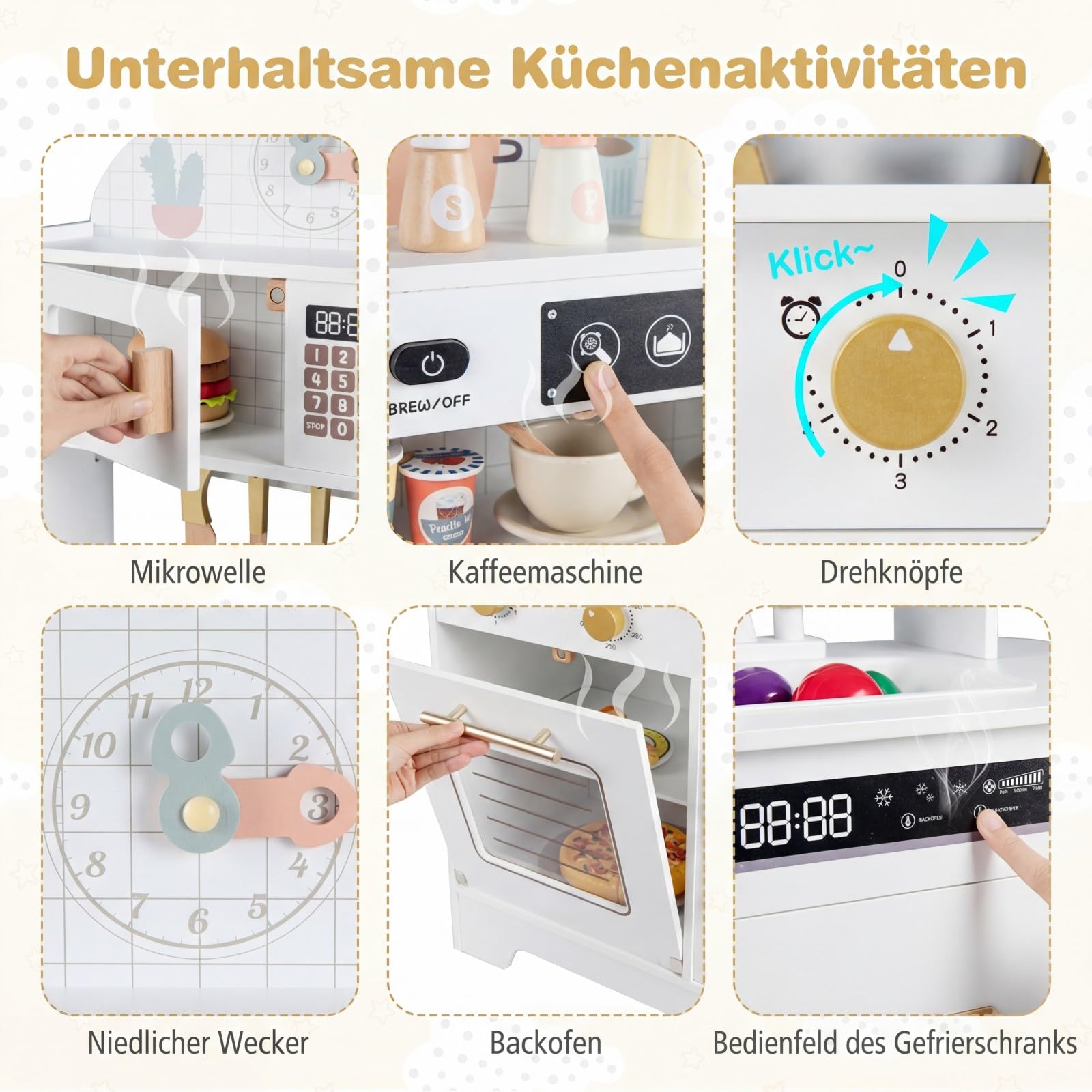 COSTWAY Kinderküche, Spielküche Holz mit 17 Zubehörteilen, Spielzeugküche mit Backofen, Eismaschine, Mikrowelle & Herd, Holzküche für Kinder ab 3 Jahren (Weiß)