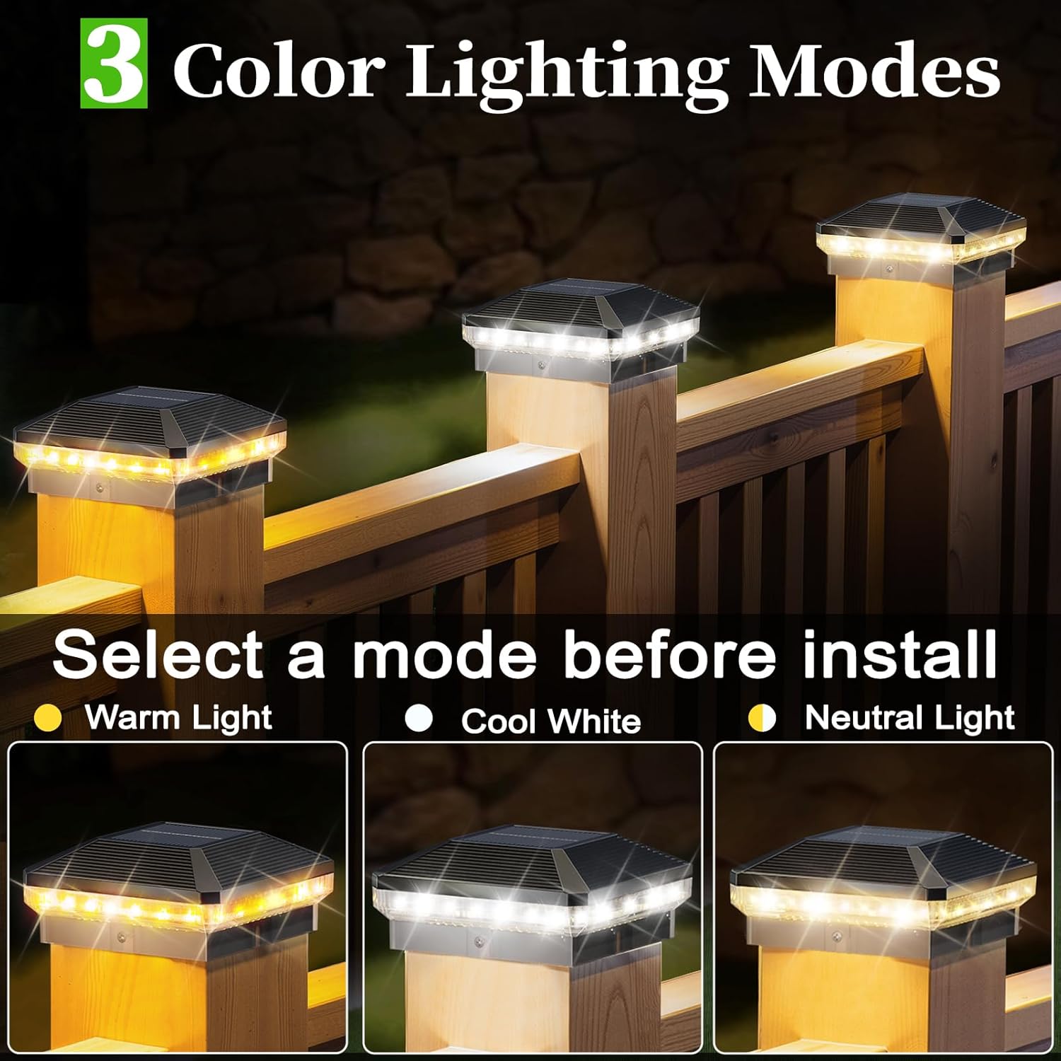 8 Pack Solar Post Cap Lights Outdoor, Brighter 40 LEDs with 3 Modes, Waterproof Deck Fence Post Lights Solar Powered for 3.5x3.5 and 4x4 Wood/Vinly Posts