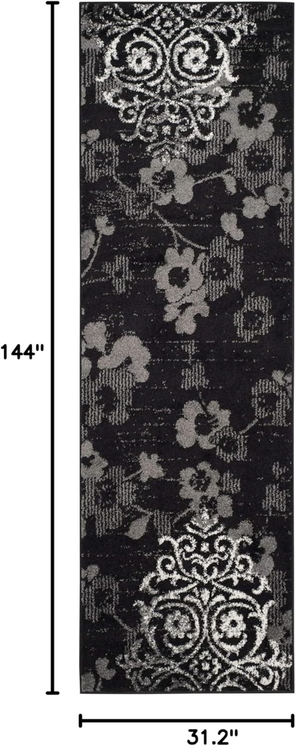 SAFAVIEH Adirondack Collection Runner Rug - 2'6" x 12', Black & Silver, Floral Glam Damask Distressed Design, Non-Shedding & Easy Care, Ideal for High Traffic Areas in Living Room, Bedroom (ADR114A)