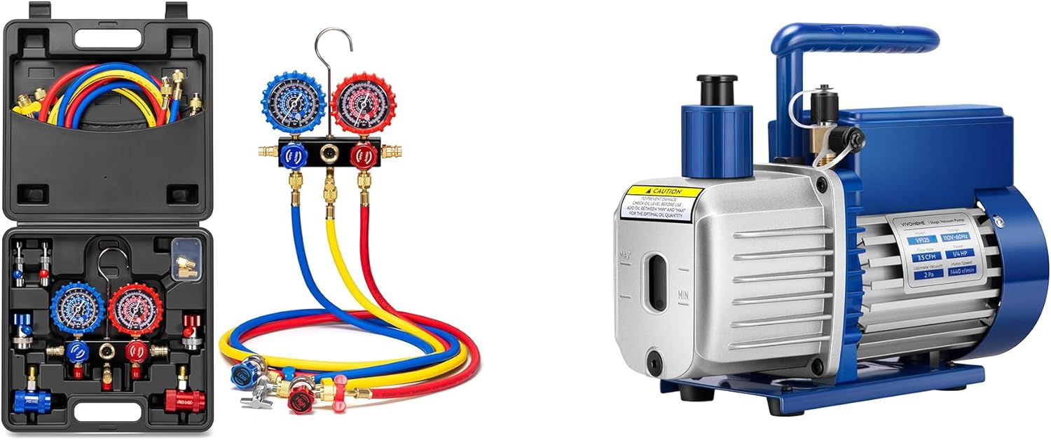 VIVOHOME HVAC Manifold Gauge Set with R134a R1234yf Quick Couplers and Can Taps, Automotive AC Gauges 1/4 HP 3.5 CFM 1 Stage A2L HVAC Vacuum Pump, Sparkless Motor with Oil Bottle