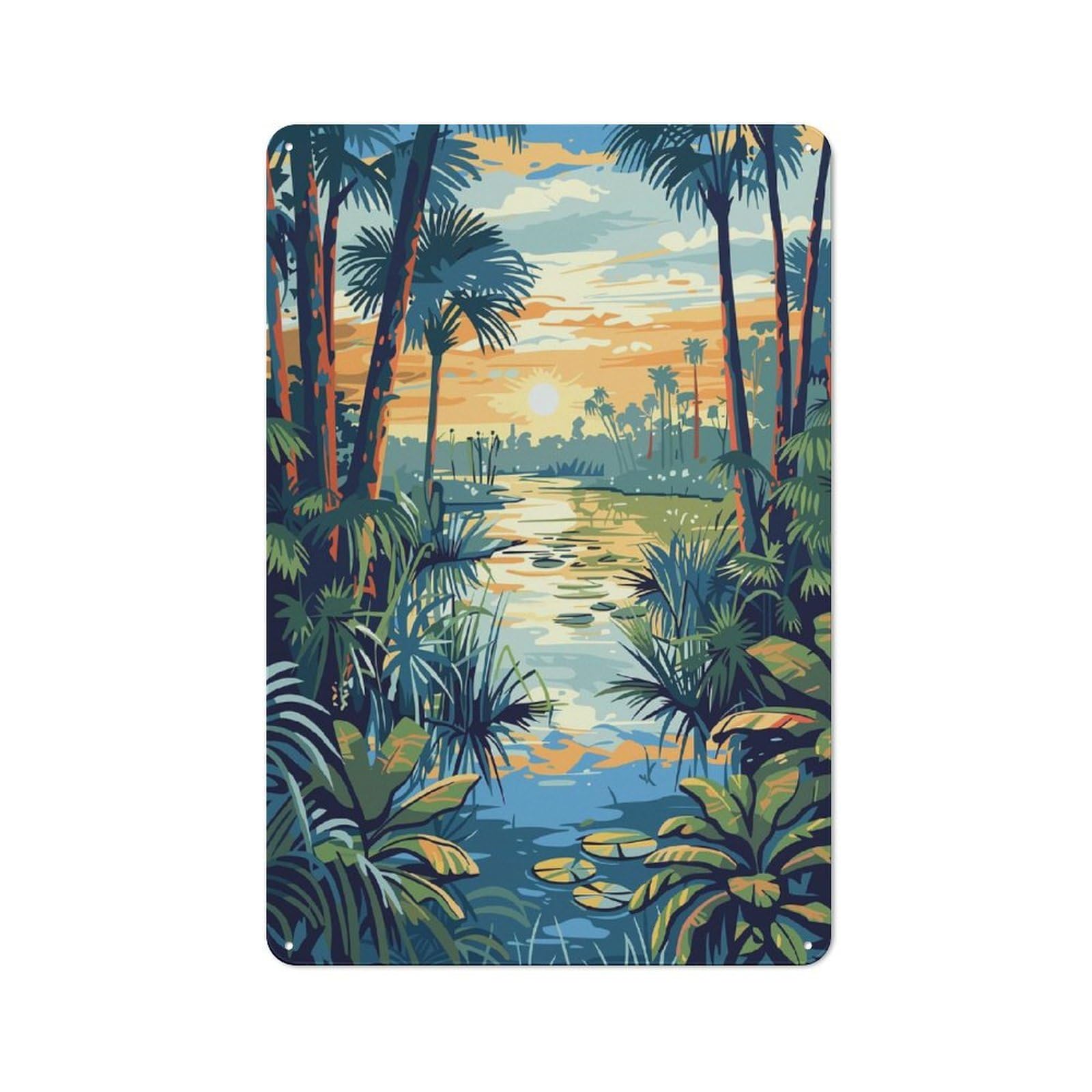 Junmoney Style-16 Workshop Style Tropical River Landscape At Sunset Decorative Metal Plaque 30X20cm, Shed Wall Plaque For Tool Room, Garage, Studio Or Home Bar