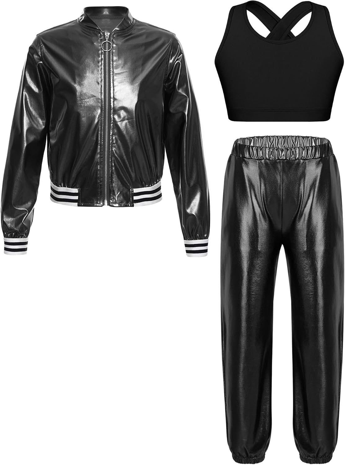 Agoky Kids Girls Shiny Dance Outfit Long Sleeve Metallic Bomber Jacket and Crop Top Pants Hip Hop Jazz Dancewear
