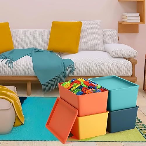 Miniatura 4 de Menkxi 4 contenedores de almacenamiento grandes y coloridos con tapa de 10.6 x 7.5 x 4.7 pulgadas, cesta de almacenamiento de plástico apilable,