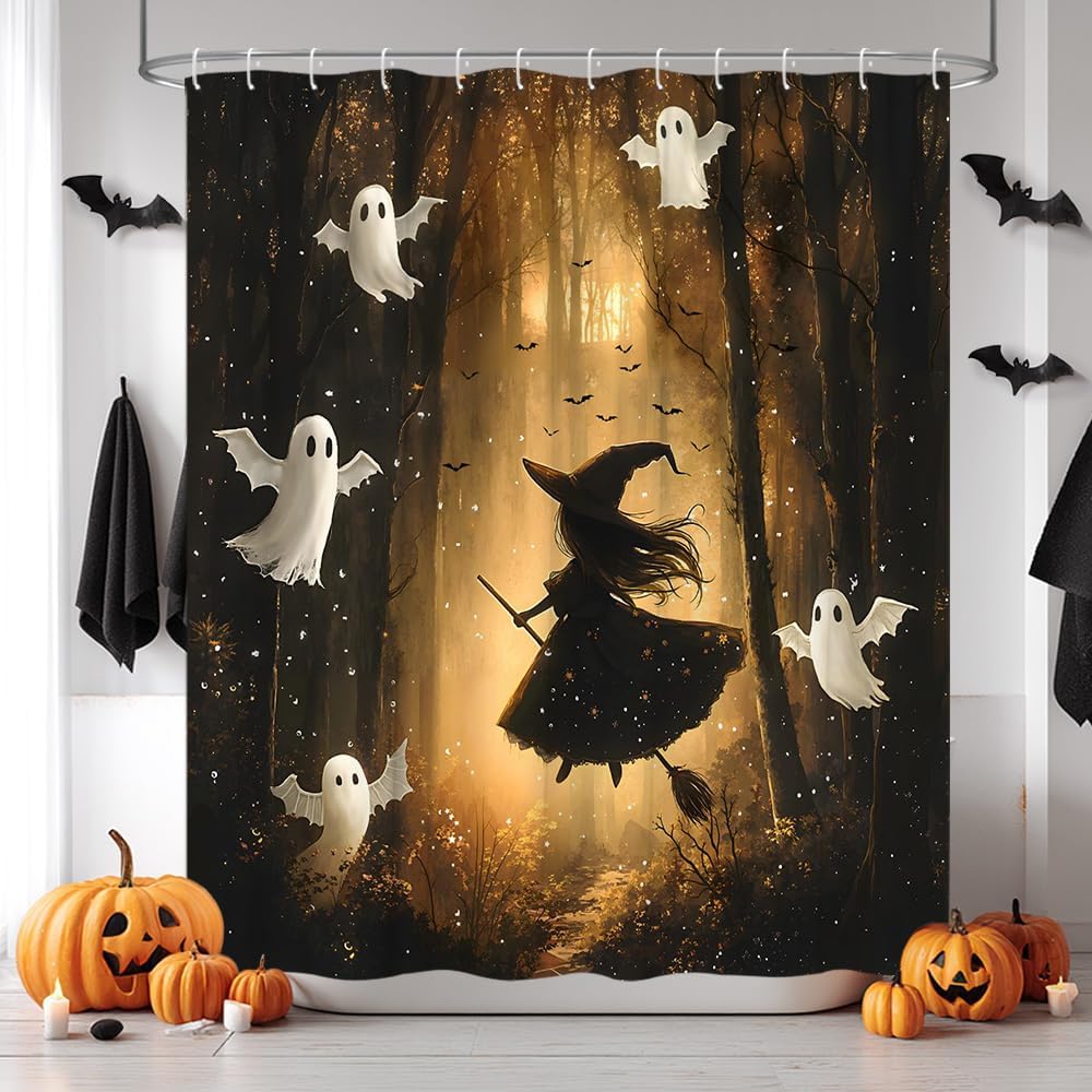 Halloween Witch Ghost Shower Curtain Autumn Fairy Tale Forest Cute Ghost Witch Spooky Bats Gothic Magic Witchcraft Spooky Woodland Bathroom Decor Fabric Curtain with Hooks