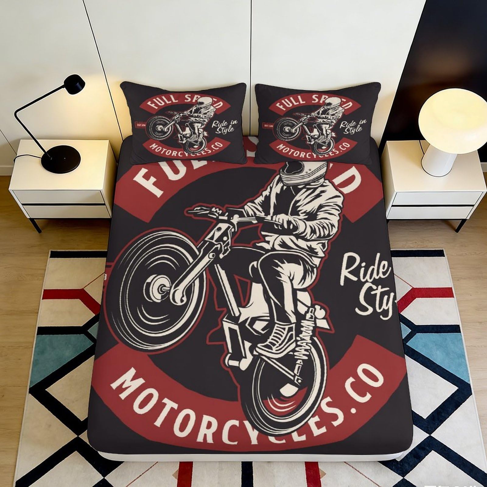 3D Printed Motorcycle Rider Fitted Sheet Microfiber Soft Black Red Bed Cover for Bedroom Dorm Decor 90x200x25cm