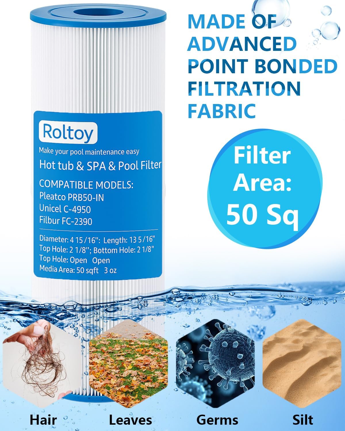 Spa Replacement Filter PRB50-IN, Compatible for C-4950, FC-2390, 03FIL1600, 373045, J210/J220/J235/J245/J275, 50 sq.ft 5X13 Drop in Hot Tub Filter, 2 Pack