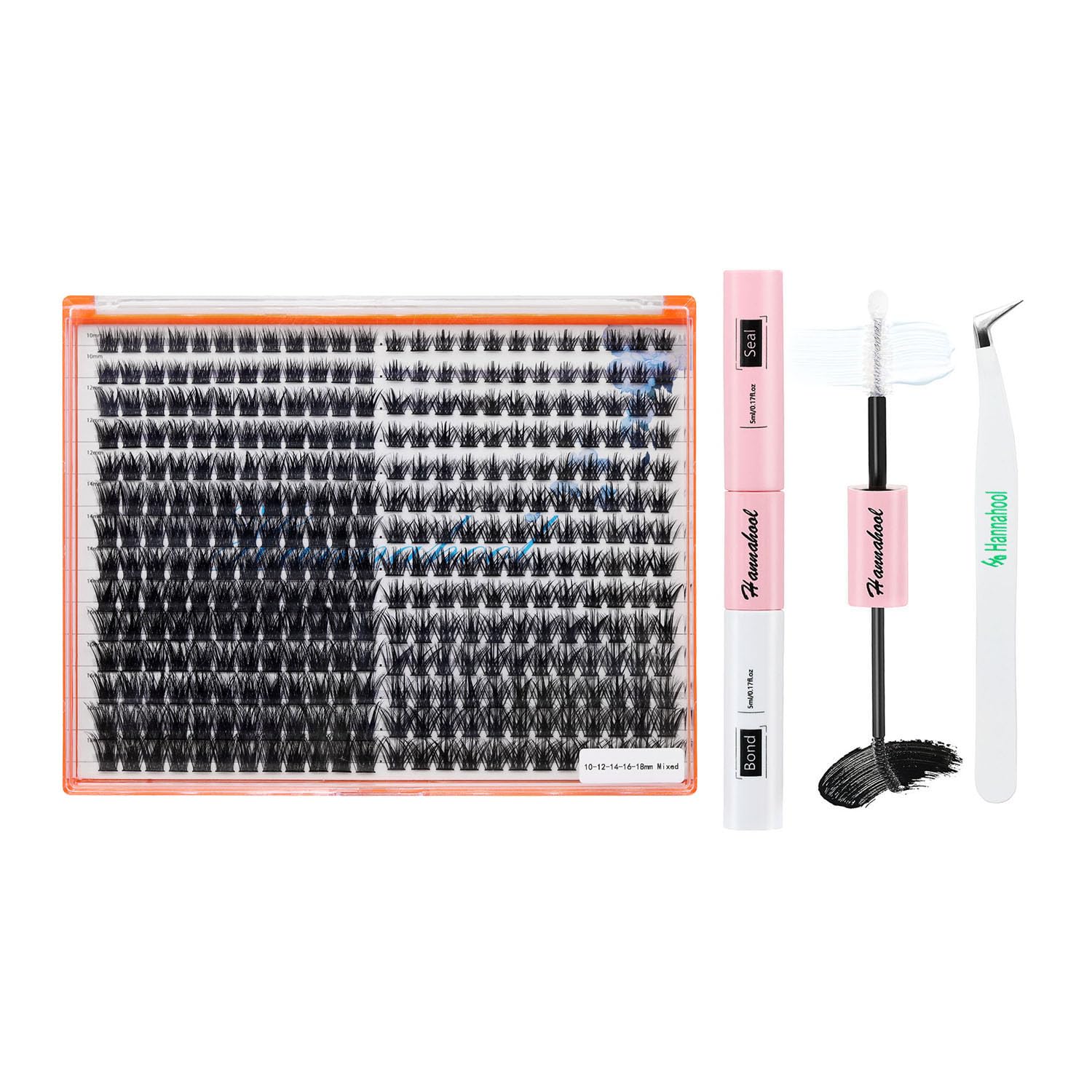 Large Pack Wide Stem Cluster Eyelashes Kit 2 in 1 Bond&Seal+ 1pcs Tweezer D Curl Mix10-18mm Individual False Eyelashes 5D Volume DIY Eye Lashes Extensions (M01-M02-10-12-14-16-18MM)