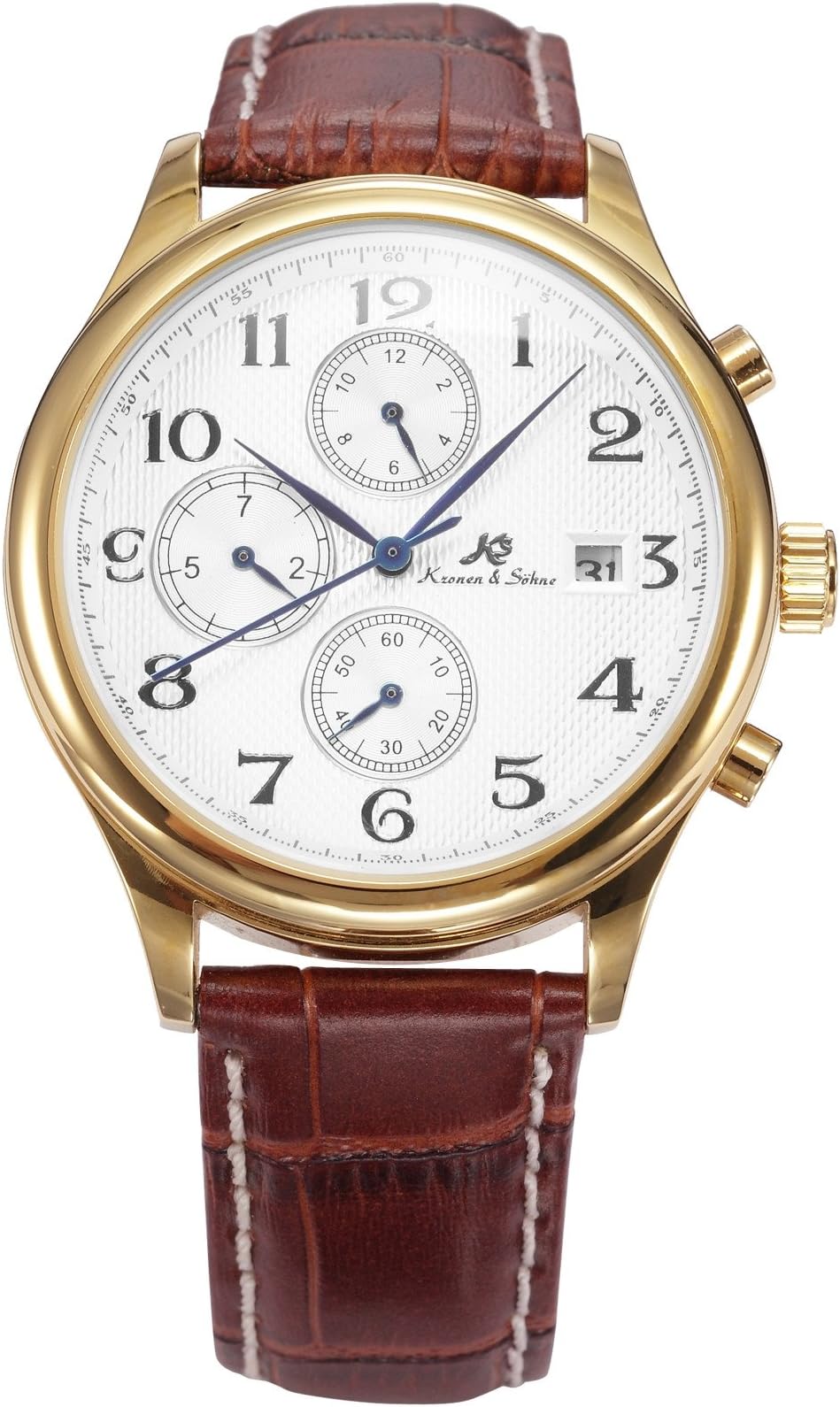 Kronen Soehne Genuine Leather Brown Round Man Mens Analog Date Day 24hour Mechanical Automatic Wrist Watch