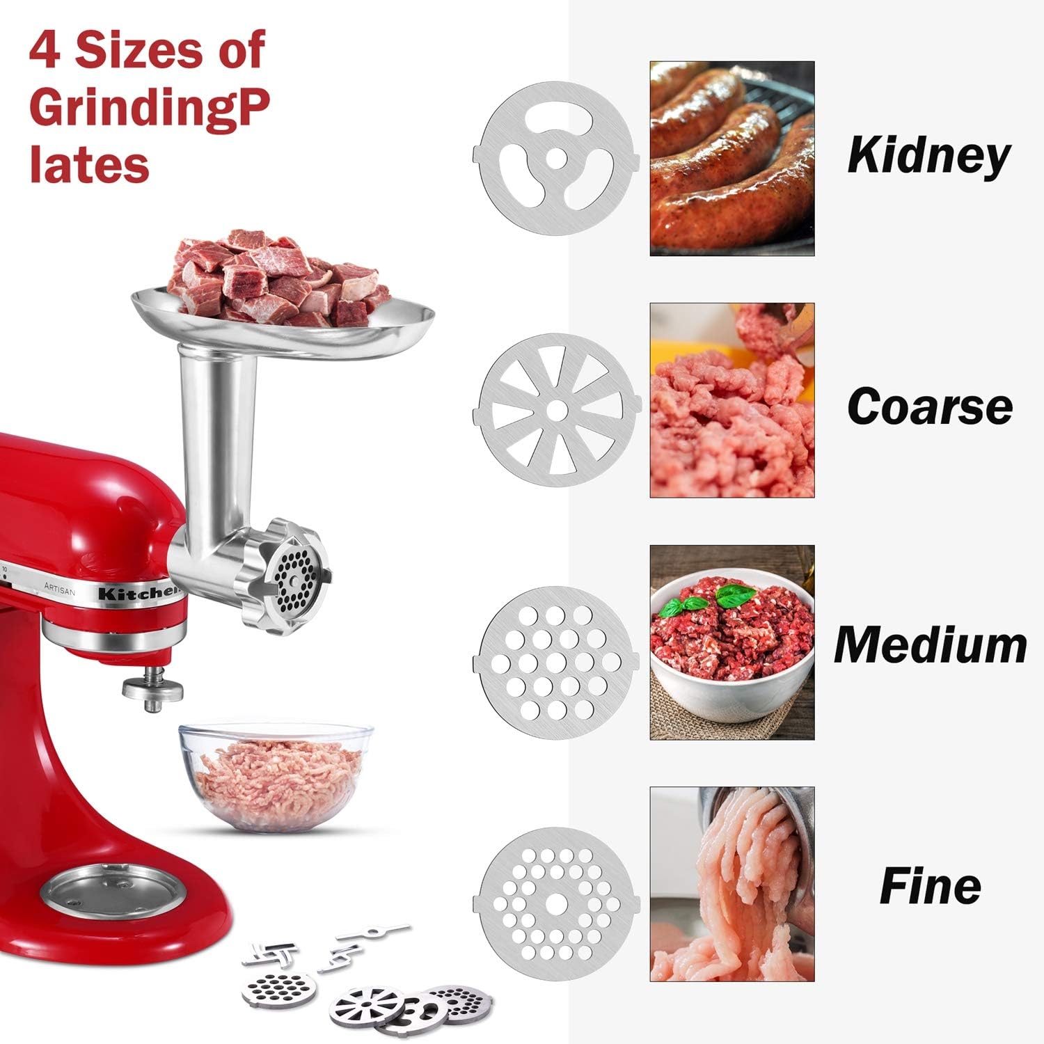 Meat Grinder Attachment for KitchenAid Stand Mixers, Accessories Includes 2 Sausage Stuffer Tubes,2 Grinding Blades,4 Grinding Plates, Sausage Stuffer Attachment Compatible with KitchenAid Stand Mixer