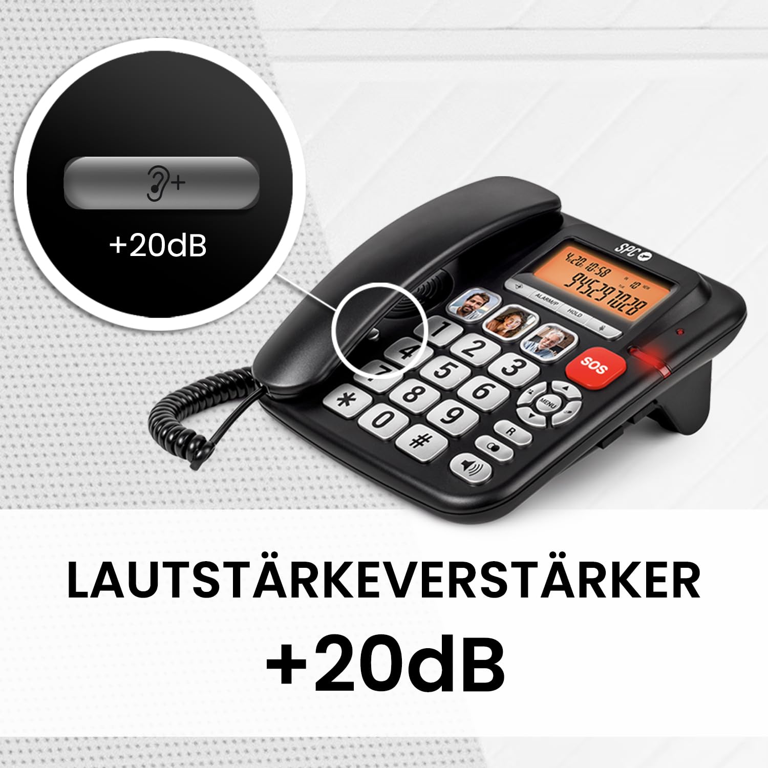 SPC Comfort Volume Pro - Senioren-Festnetztelefon mit großen Tasten, lautem Klingeln + beleuchtetem Display | Verstärkbare Anruflautstärke +20dB | Direktspeicher, SOS und hörgerätekompatibel – Schwarz
