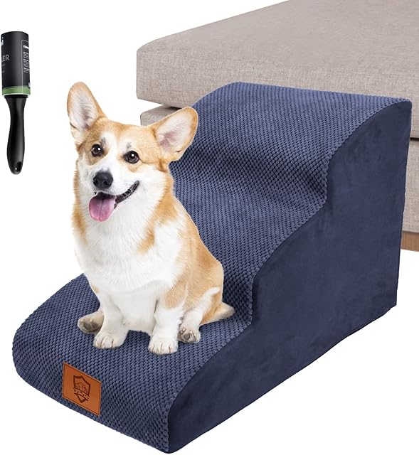 ZNM Dog Stairs for Bed and Sofa, 3-Steps Non-Slip Foam Dog Steps, Portable Pet Ladder for Dogs and Cats with Washable Cover, Send Lint Roller