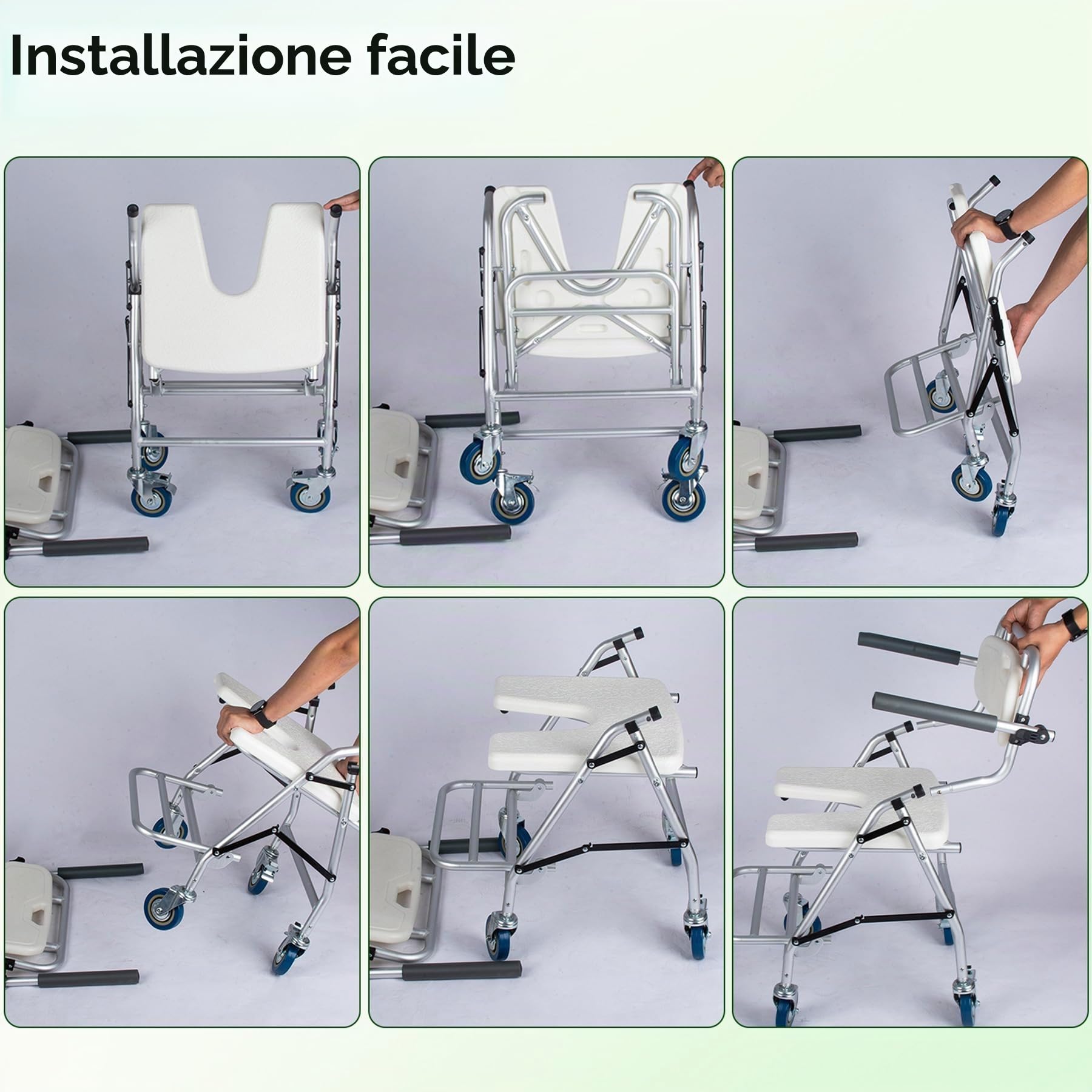 Sedia da Doccia con Ruote, Sedia per Doccia per Anziani e Disabili | Sedile da Sgabello Bagno Pieghevole con Ruote Universali, Quattro Ruote con Freni, Braccioli e Schienale, Carico 120 kg
