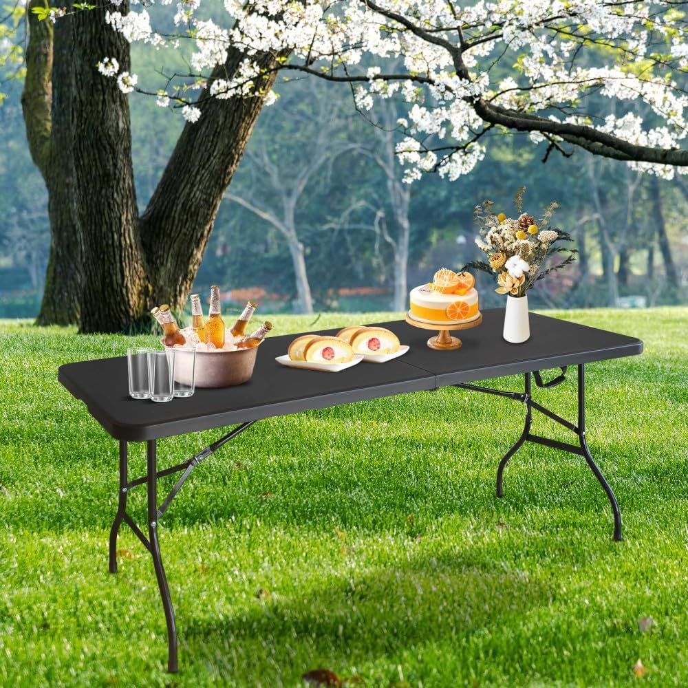 Elountik 6ft Folding Table for Camping, Picnics, Parties - Portable Plastic Foldable Table with High Load Bearing, Black