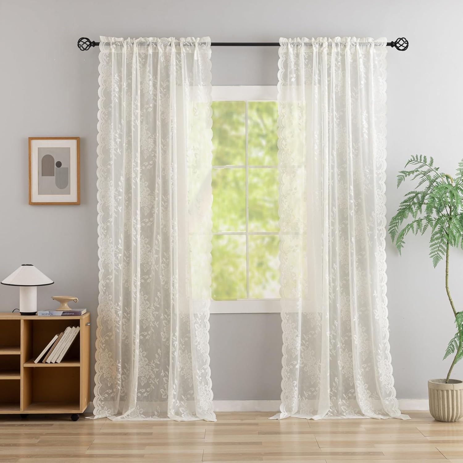 Ivory Sheer Curtains -108 inches long ，2 Panles，Lace Floor to High Ceiling Curtains for Living Room Sliding Glass Door, Cottage Core Peony Floral Embroidered, Scalloped Edges 52" W x 54" L Cream