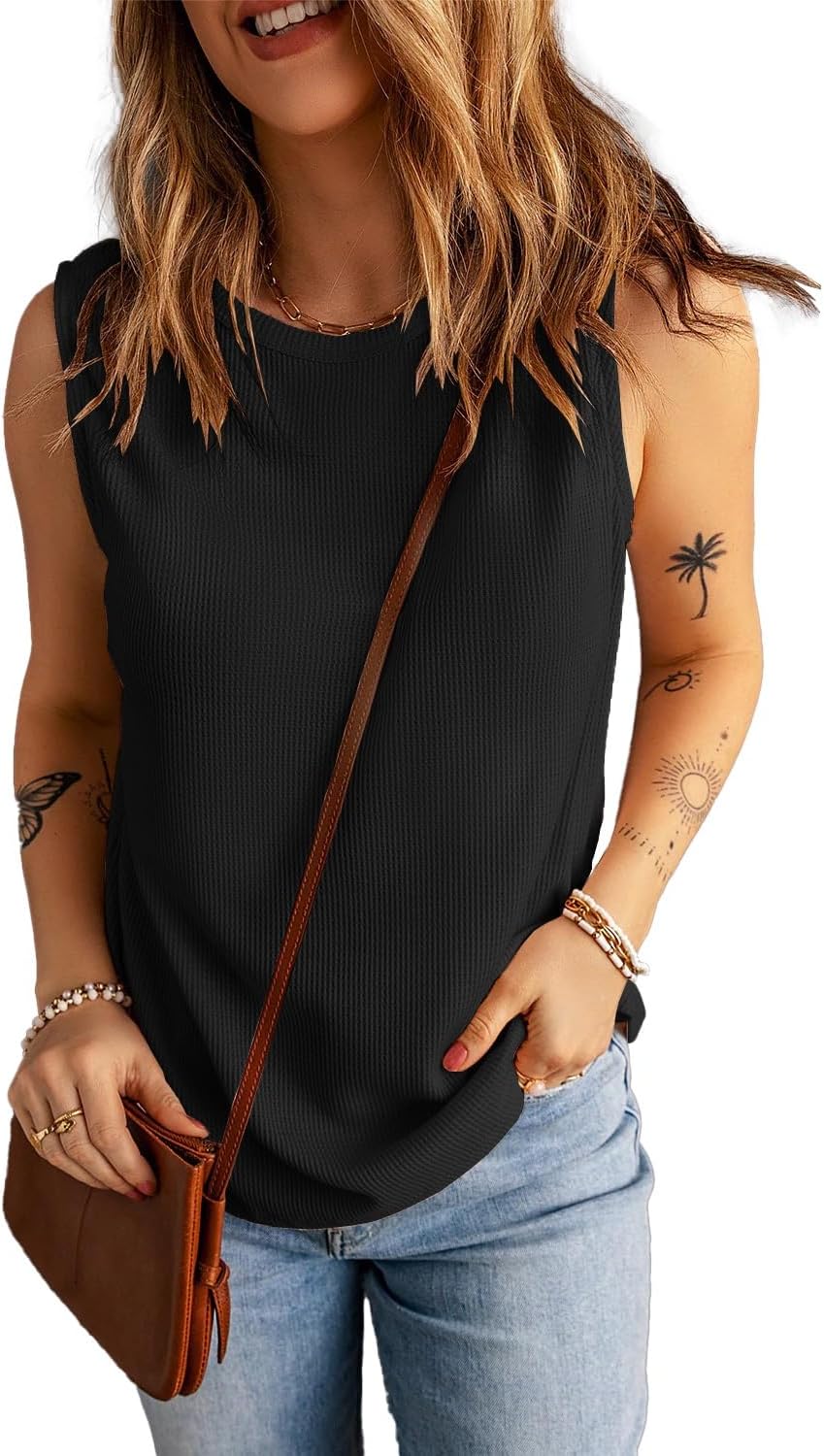 KINLONSAIR Women's Loose Fit Sleeveless Waffle Tank Tops Casual Crew Neck Knitted Tees