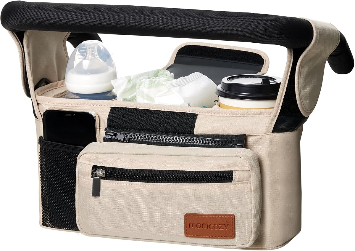 Momcozy Organizador universal para cochecito con portavasos aislado | Bolso para teléfono desmontable y correa para el hombro, apto para cochecitos Uppababy, Baby Jogger, Britax, BOB, Umbrella y Pet