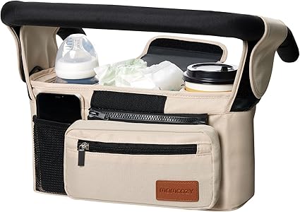 Momcozy Universal Baby Stroller Organizer, 2 Insulated Cup Holder, Detachable Zippered Pocket, Adjustable Shoulder Strap, Large capacity for baby essentials, Compact Design Fits Any Strollers