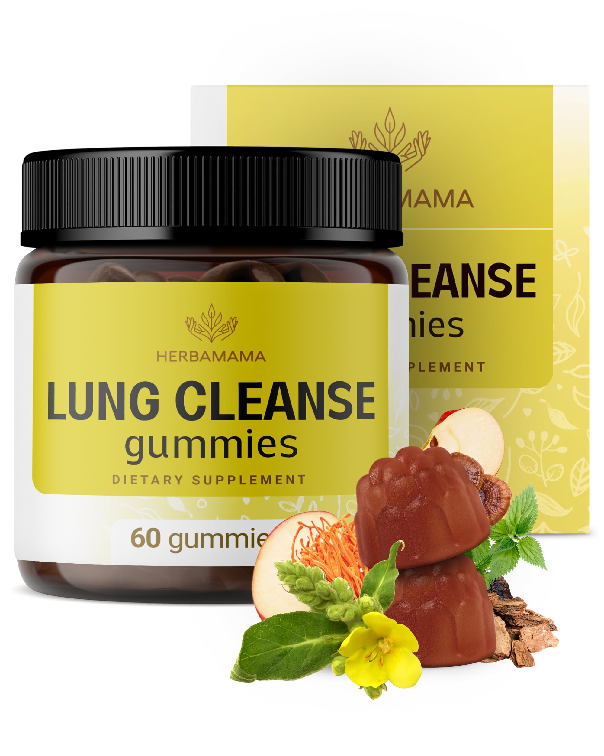 HERBAMAMA Lung Detox Gummies - Herbal Complex with Mushroom Blend for Lung Cleanse - Vegan, Non-GMO Respiratory Support Supplement - 60 Pectin-Based Apple-Flavored Chews