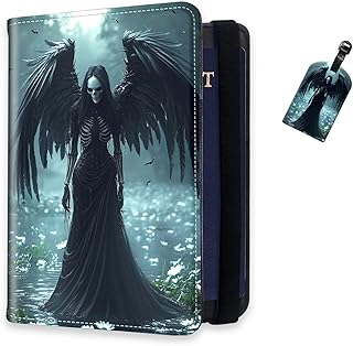 RFID Passport Holder for Travel with Luggage Tags, PU Leather Passport Wallet with Multiple Card Slots, Dark Angel Skeleton Travel Passport Case for Men & Women