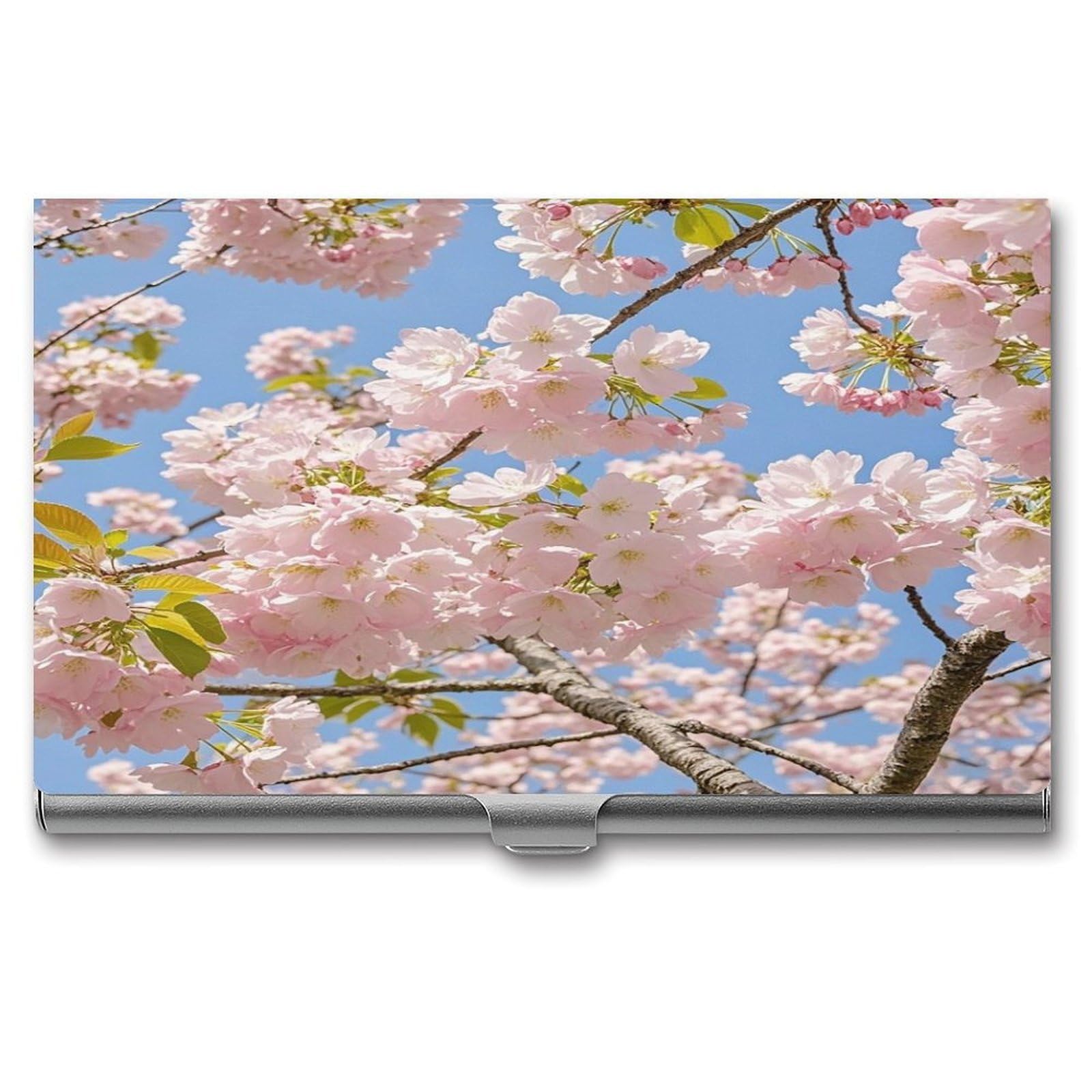 FekiLoot Cherry Blossom Business Card Holder for Men Women Metal Slim Organizer Business Card Carrier Wallet Name Cards Holder Retro Slim Pocket Purse Small Portable Card Case
