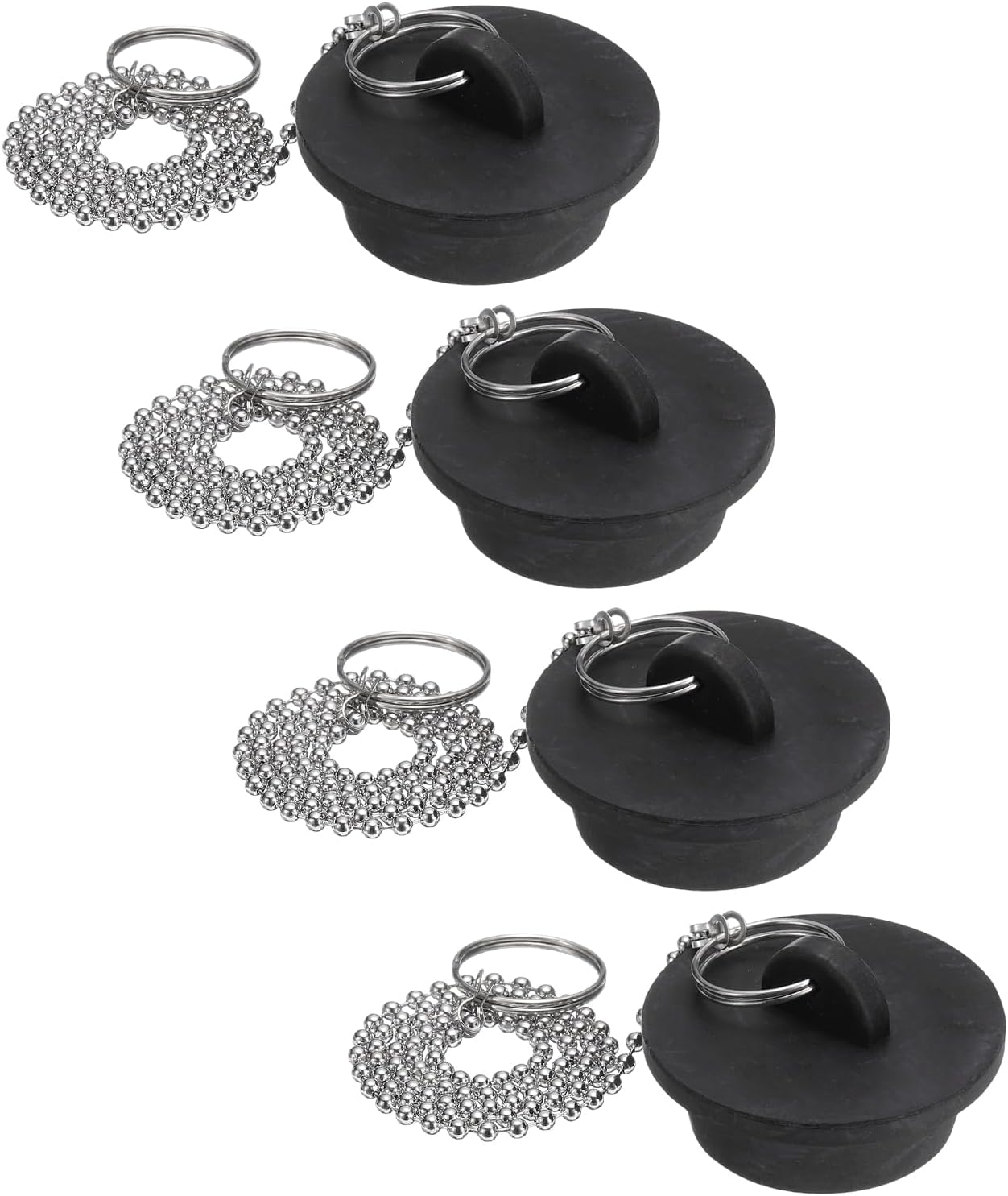 uxcell 4Pcs Tub Stoppers, Rubber Bathtub Stoppers 1-1/2" Kitchen Sink Drain Stopper, Bathroom Drain Plug with Pull Ring and 15" Stainless Steel Beaded Chain, Black