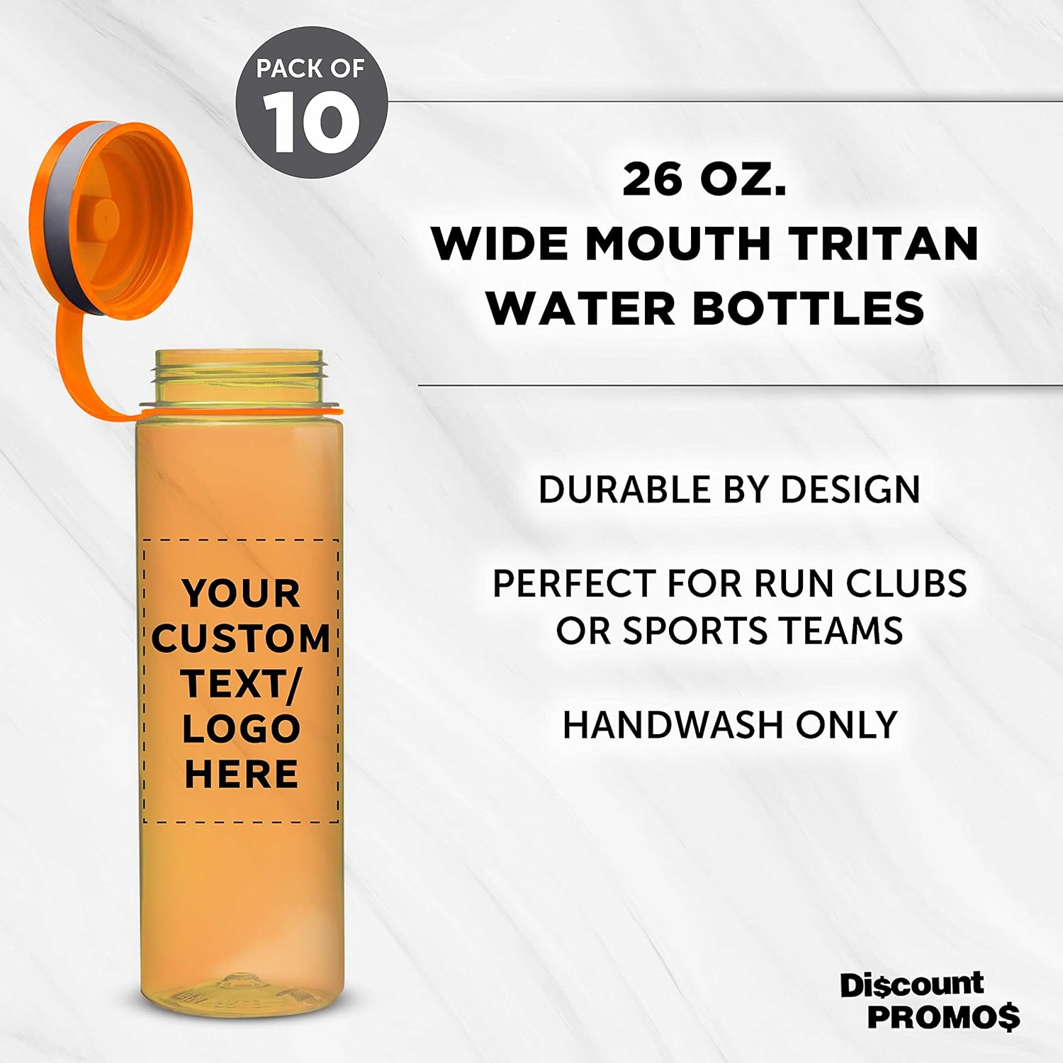 DISCOUNT PROMOS Custom Wide Mouth Water Bottles 26 oz. Set of 10, Personalized Bulk Pack - BPA Free, Great for Gym, Camping, Backpacking, School - Orange - Image 3