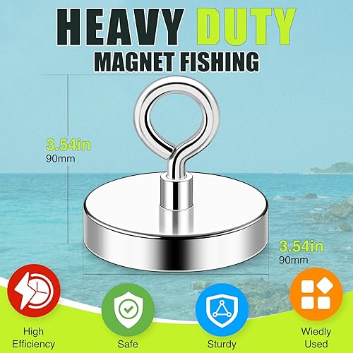 Miniatura 19 de Imanes de pesca fuertes de 300 libras (299.8 lbs) Imán de neodimio fuerte resistente con ojal de agujero avellanado para pesca magnética