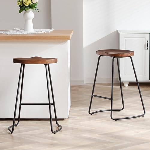 HeuGah Bar Stools, Solid Wood Barstools Set of 2, 26" Counter Height Bar Stools with Metal Leg, Rustic Backless Bar Stools for Kitchen Island, Bar Chairs with Solid Wood Saddle Seat (Walnut, 26 Inch)