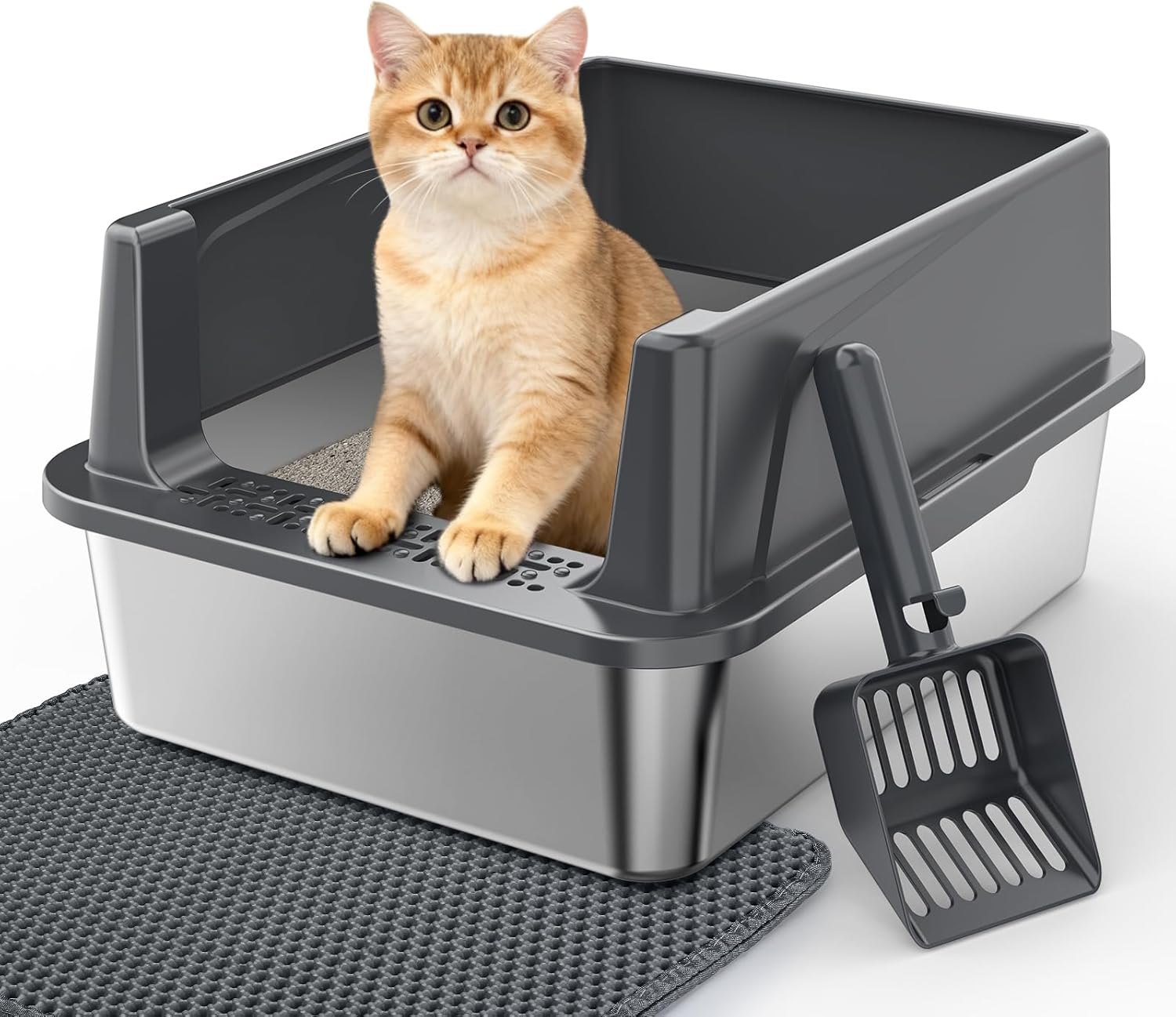Stainless Steel Cat Litter Box with Lid, High-Sided Metal Litter Pan for Small Cats, Kitty Litter Box, Non-Stick & Odor-Resistant, Anti-Urine Leakage, Easy to Clean, Scoop Included