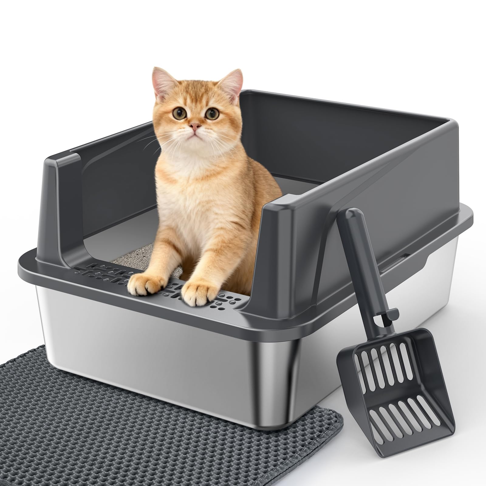 Stainless Steel Cat Litter Box with Lid, High-Sided Metal Litter Pan for Small Cats, Kitty Litter Box, Non-Stick & Odor-Resistant, Anti-Urine Leakage, Easy to Clean, Scoop Included