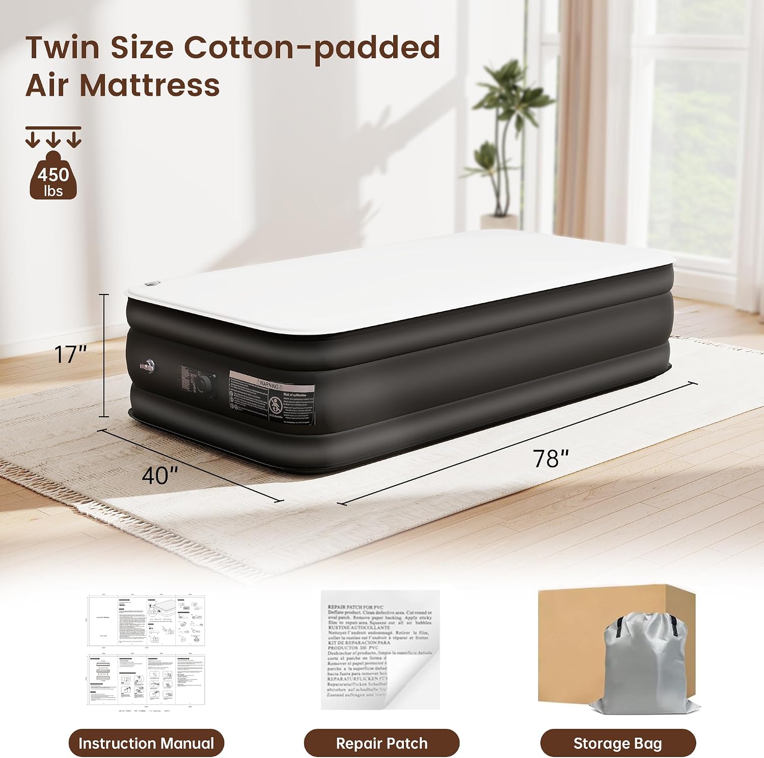Murago Twin Air Mattress with Built in Pump,17" Double High Twin Size,an Air Bed with a Thick Foam Layer&Soft Surface,Toddler Travel Bed&Adult Air Mattress for Home&Camping