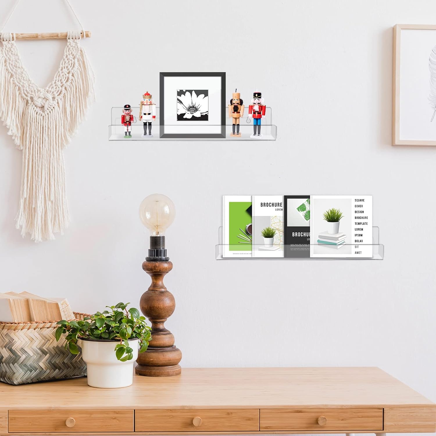 Blulu 16 Packs 14 Inch Acrylic Floating Shelf Wall Mounted Invisible Acrylic Shelf Ledge Floating Bookshelf for Living Room Office Bedroom Bathroom Kitchen Decoration Space Save