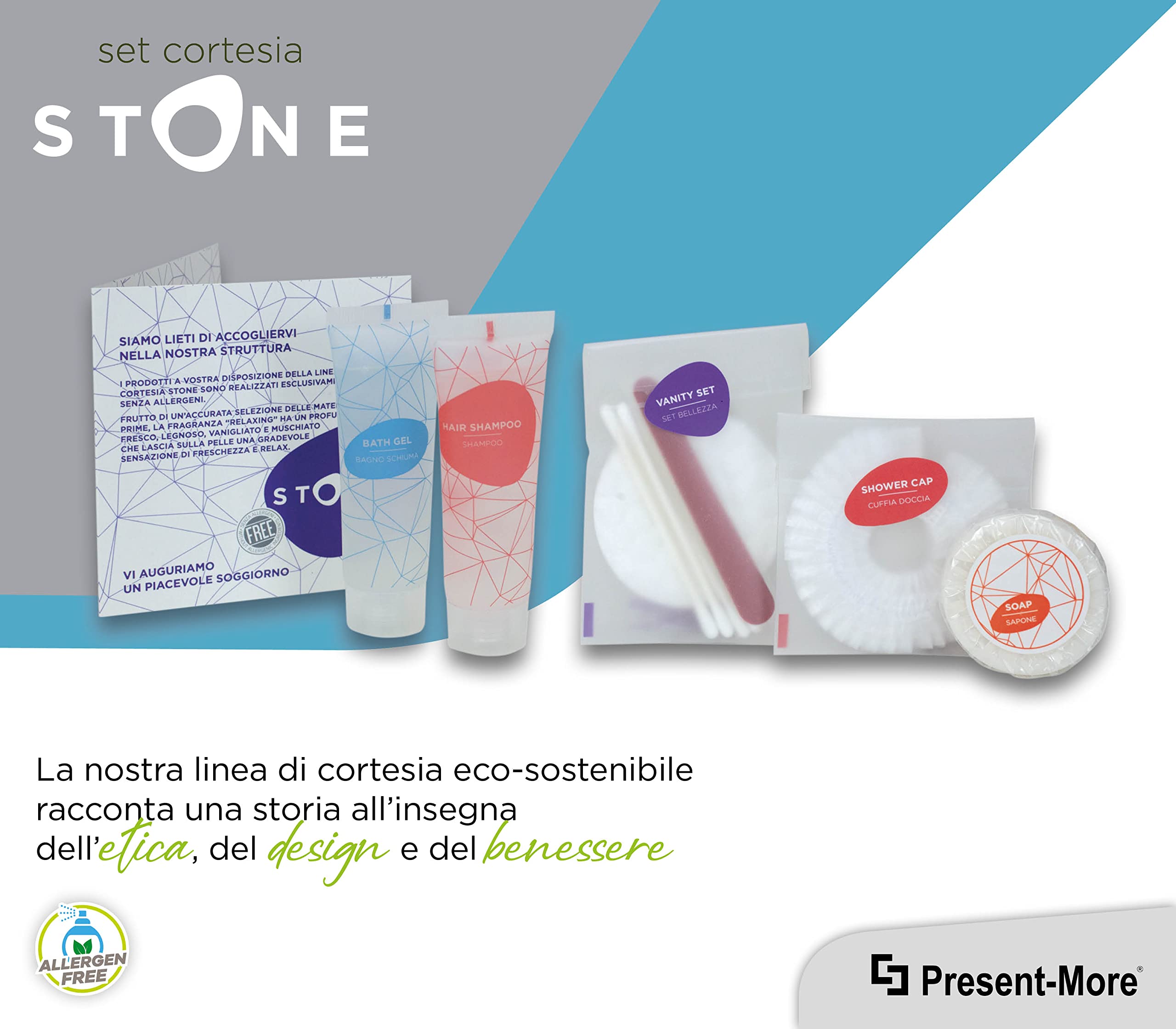 Present-More Amenities Kit Stone - Toilettenartikel 50 Gäste für Hotels und B&B | Allergenfreie Amenities Kit mit Duftnote Relaxing