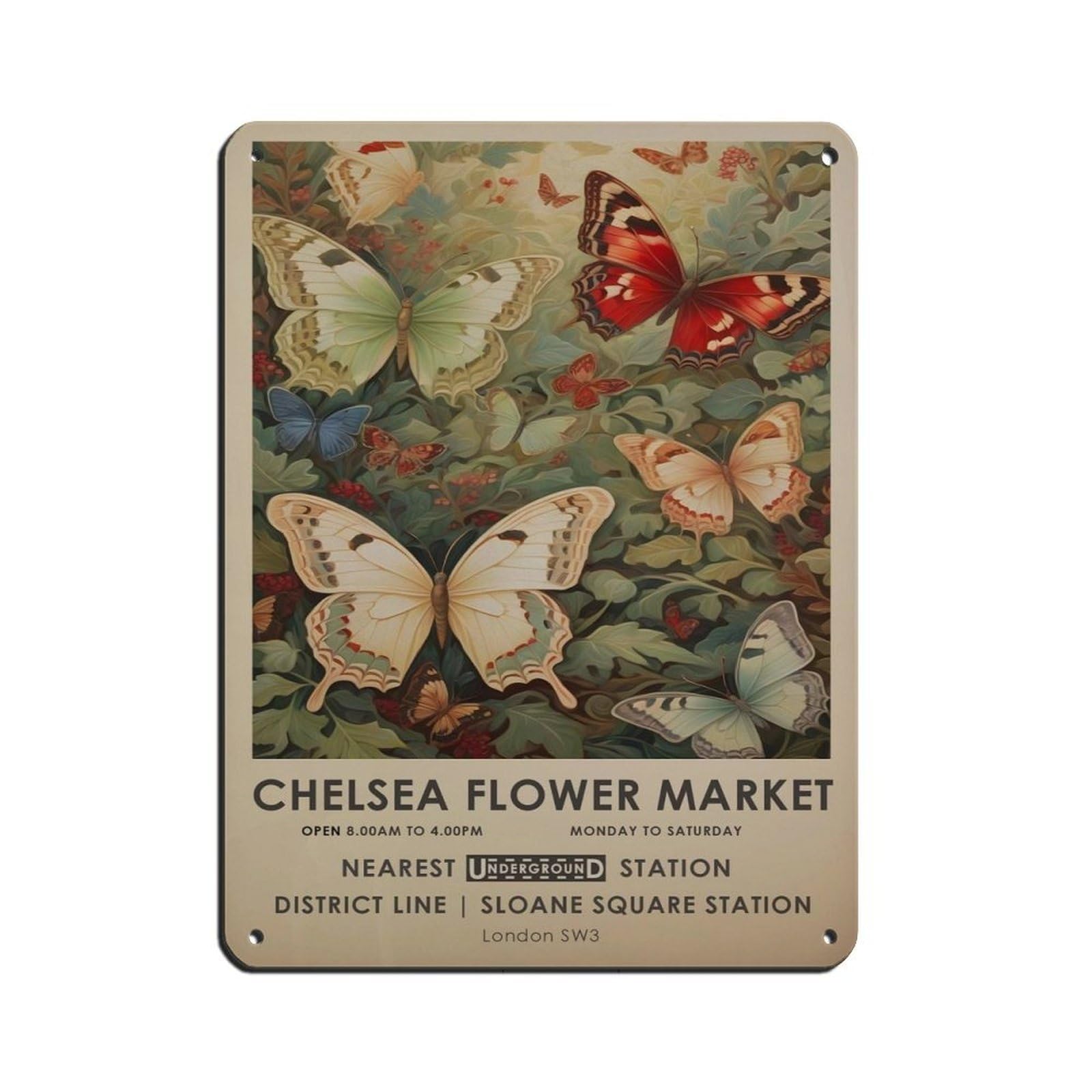 Chelsea Flower Market, Butterfly And Botanical, Gift Retro Poster Metal Tin Sign Chic Art Retro Iron Painting Bar People Cave Cafe Family Garage Poster Wall Decoration 12x16inch(30x40cm)