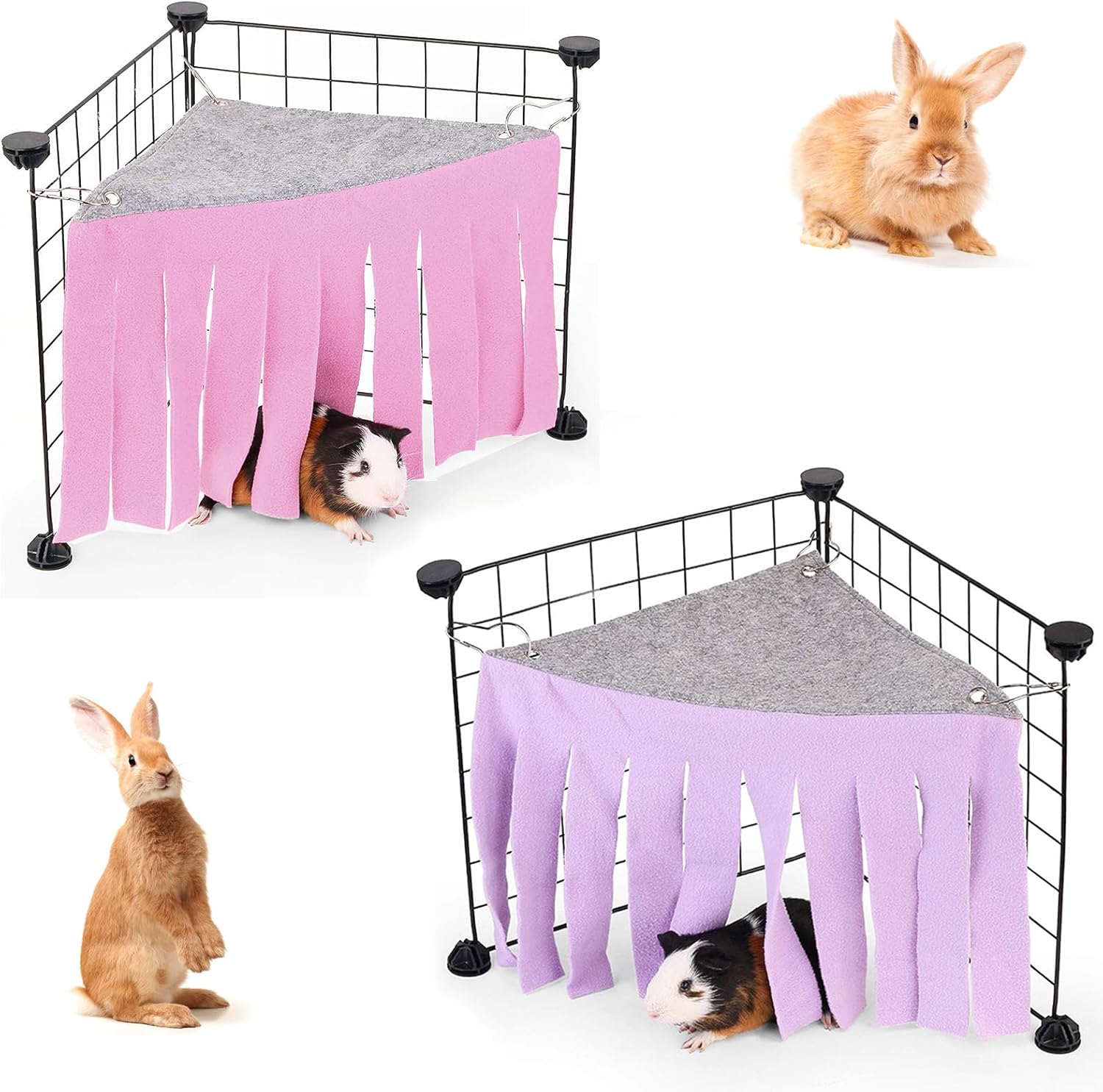2 Pcs Guinea Pig Accessories for Cage – Small Animal Guinea Pig Corner Hideout Rabbit Guinea Pig Toys Stuff Hamster Hammock Castle for Cage Small Pets, Pink,Grey,Purple