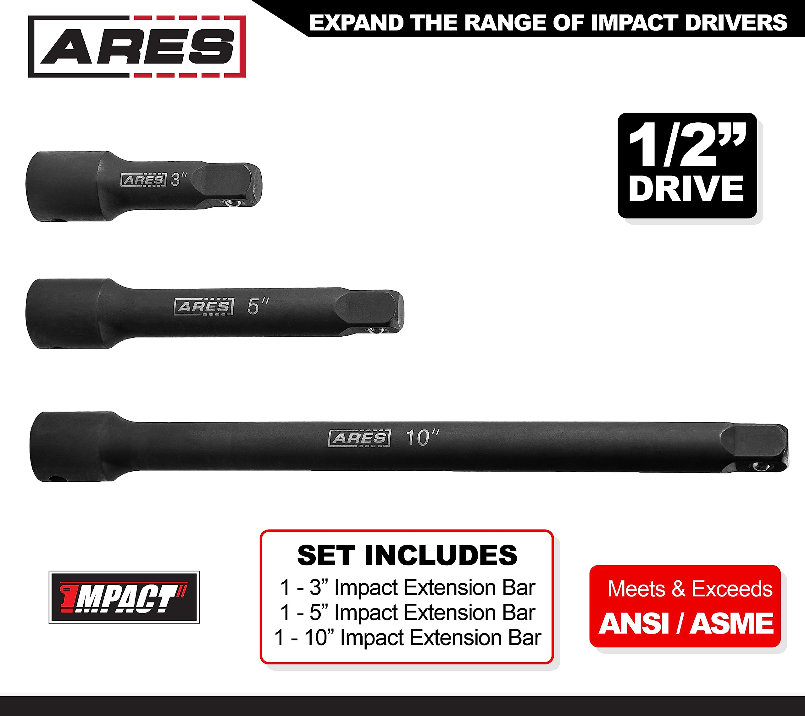 i - AresⅡ+ ARES 70031-1/2-Inch Drive Impact Extension Bar Set - 3-Inch