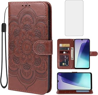 Case for Redmi 14C, 2411DRN47C Wallet Case with Tempered Glass Screen Protector, Mandala Leather Flip Credit Card Holder Stand Phone Cover Cases for Xiaomi Redmi 14C Brown