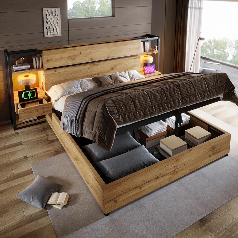 Sweiko Cama doble de madera 180 x 200 cm, cama de almacenamiento hidráulica con cajones y cabecera de almacenamiento con puertos de carga USB y tipo C, marco de cama de madera (colchón no incluido)